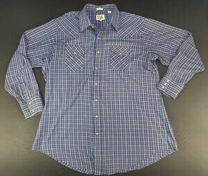 Ely Cattleman 2XLT Tall Man Western Pearl Snap Shirt Blue Plaid Rips & Pinholes